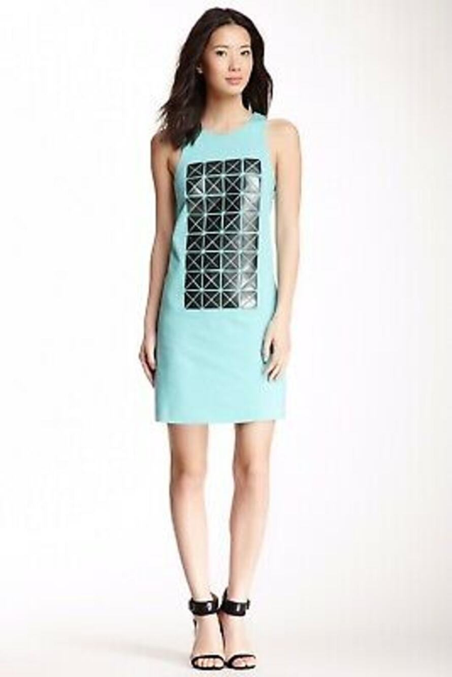 New Tibi Green Teal Turquoise Black Bonded Vinyl Applique Dress Women's Size 2